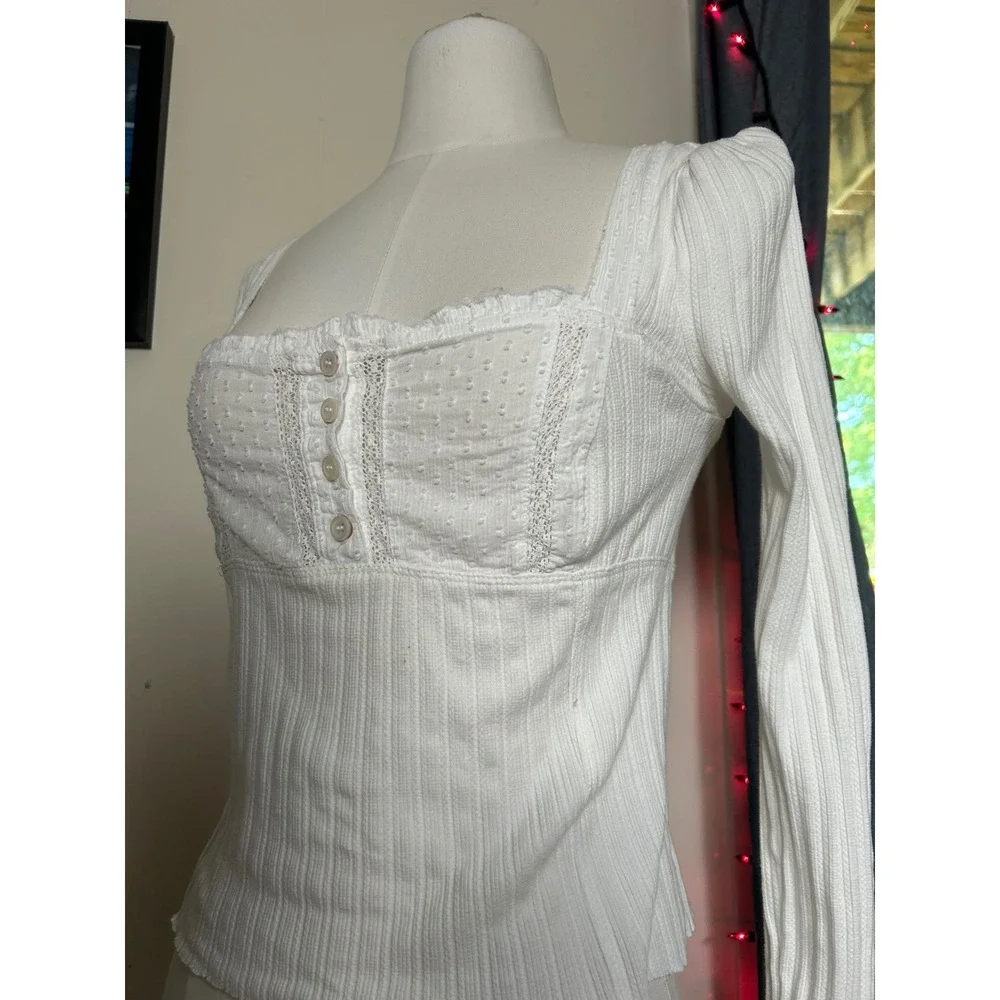 Free People White Lace Ribbed Long Sleeve Top Square Neck Coquette Prairie S
